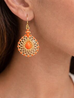 Gold and Orange Filigree Teardrop Earrings - Women Jewelry